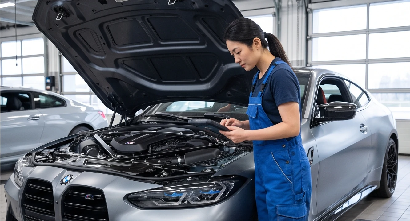 Technician diagnosing a BMW in a clean service bay