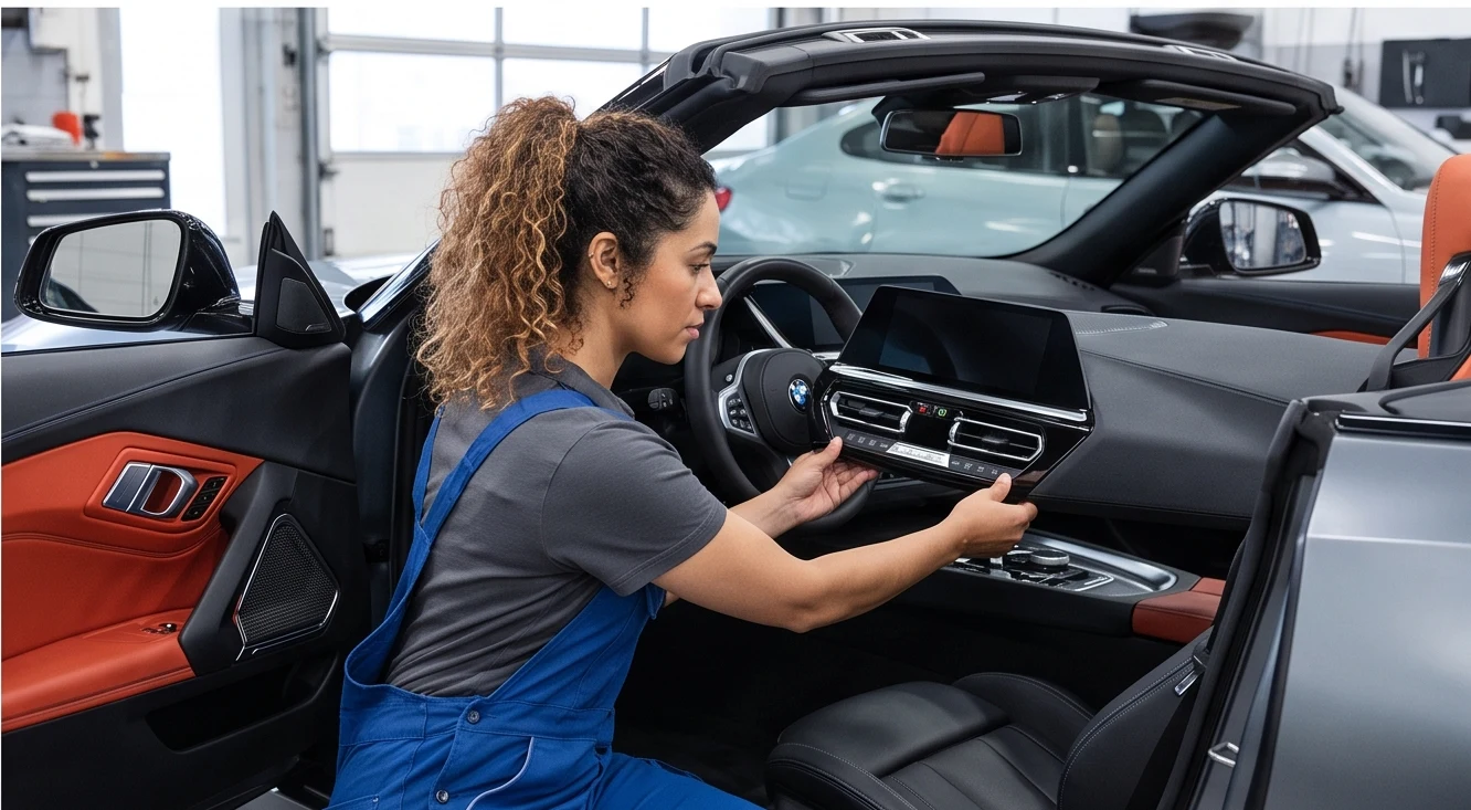 Technician inspecting a BMW interior control system