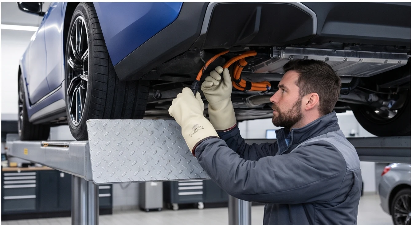 Technician inspecting the underside of a BMW