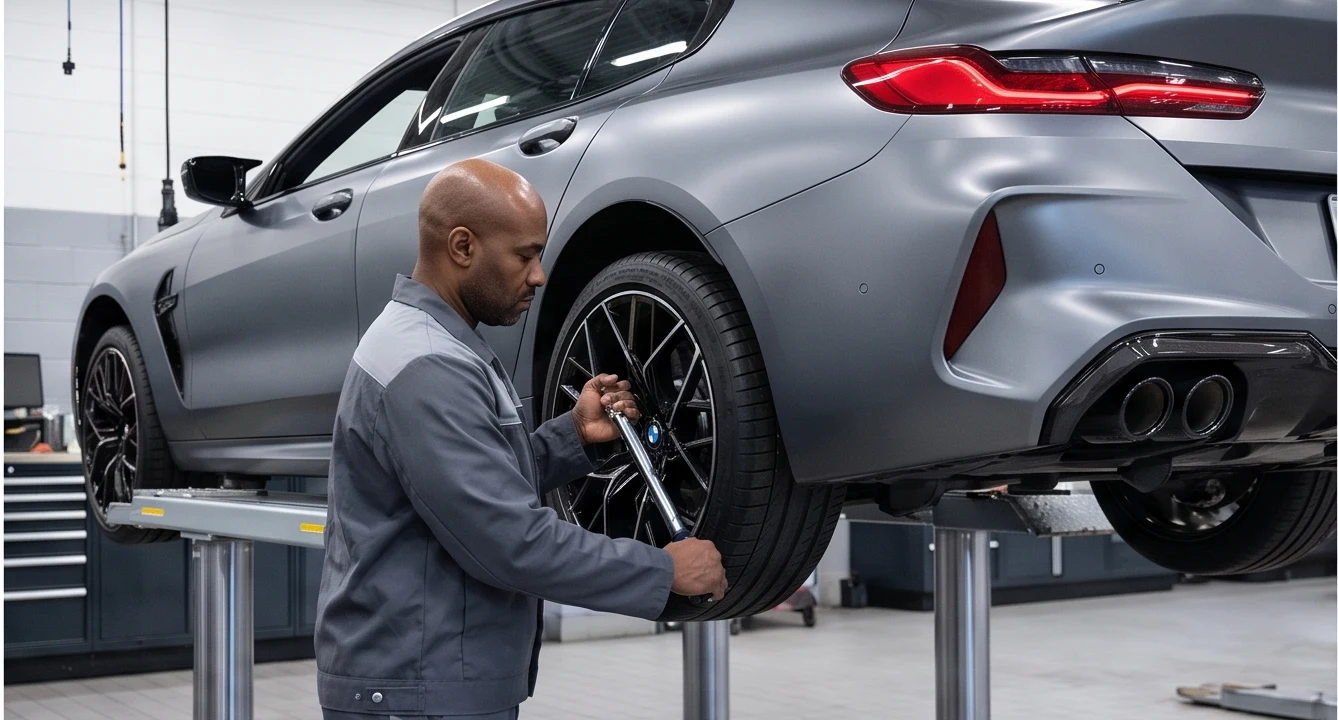 Technician checking a BMW wheel in a service bay