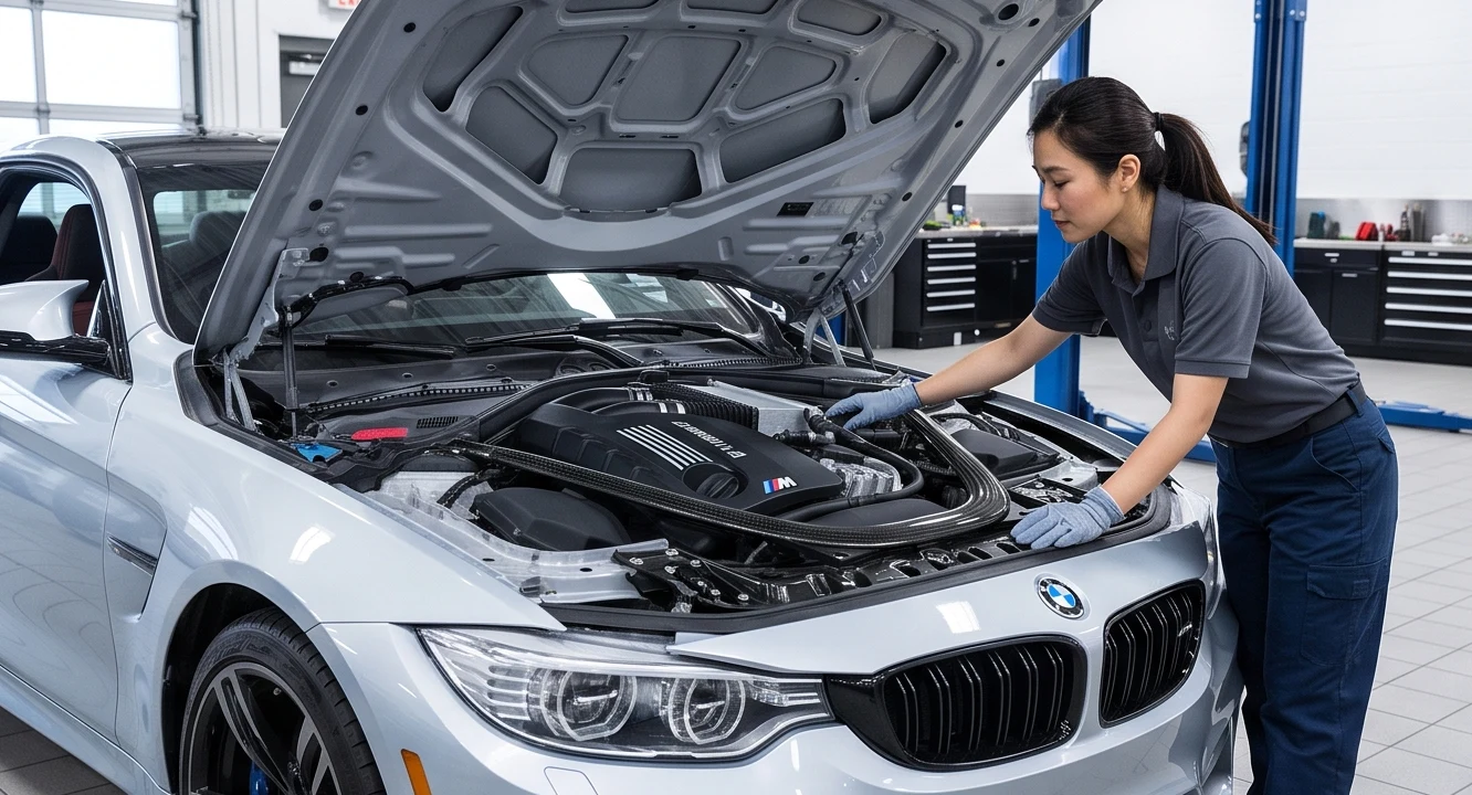 Technician inspecting a BMW engine bay