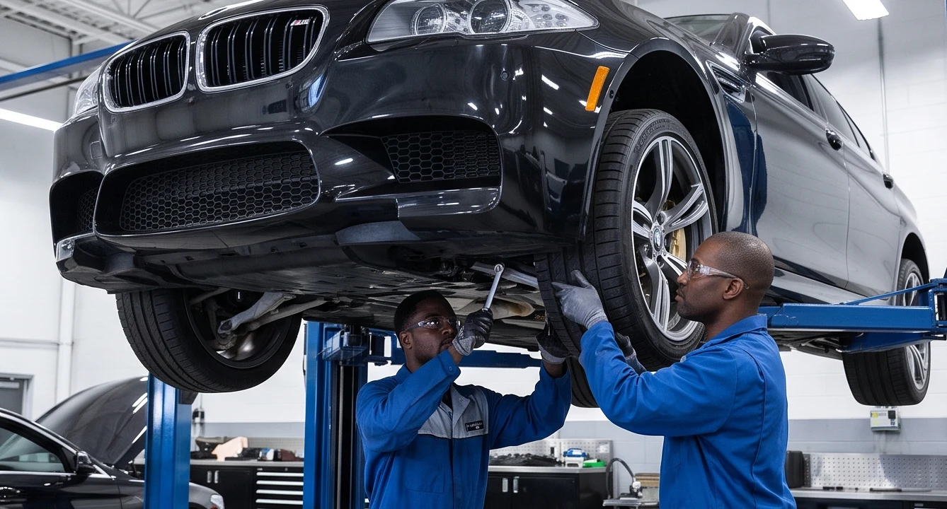 Technicians inspecting a BMW on a vehicle lift